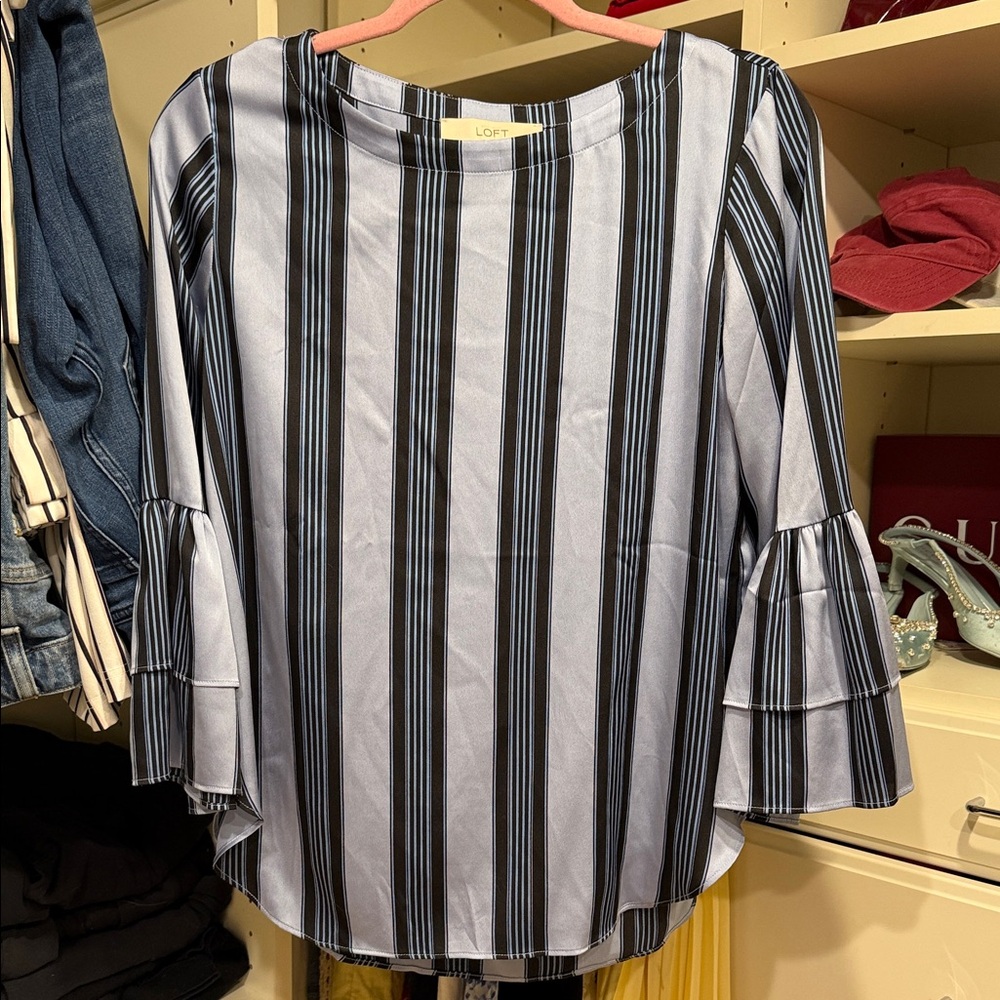 LOFT Blue and Black Striped Blouse